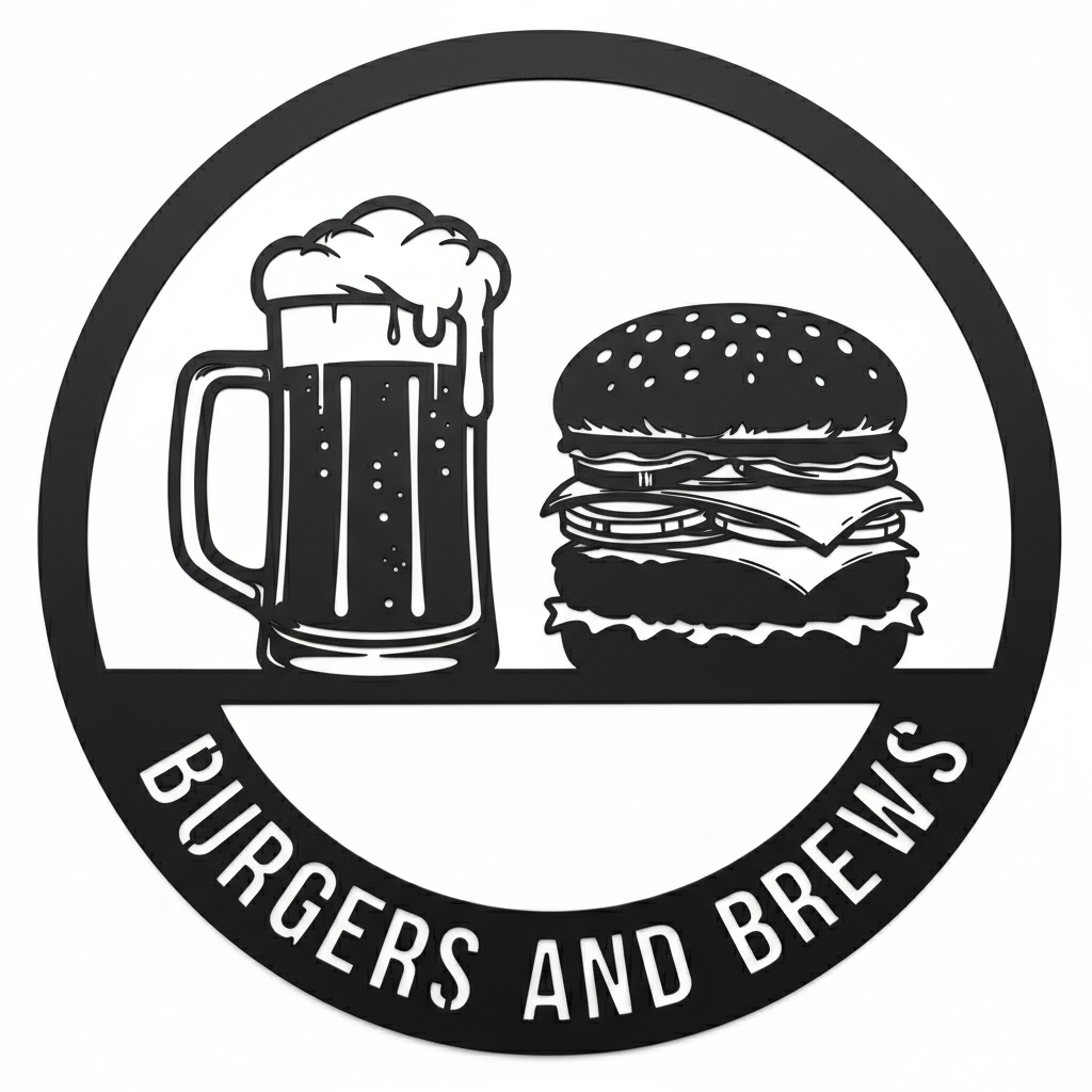 Round Burgers and Brews metal sign with beer mug and cheeseburger in black steel – image 2