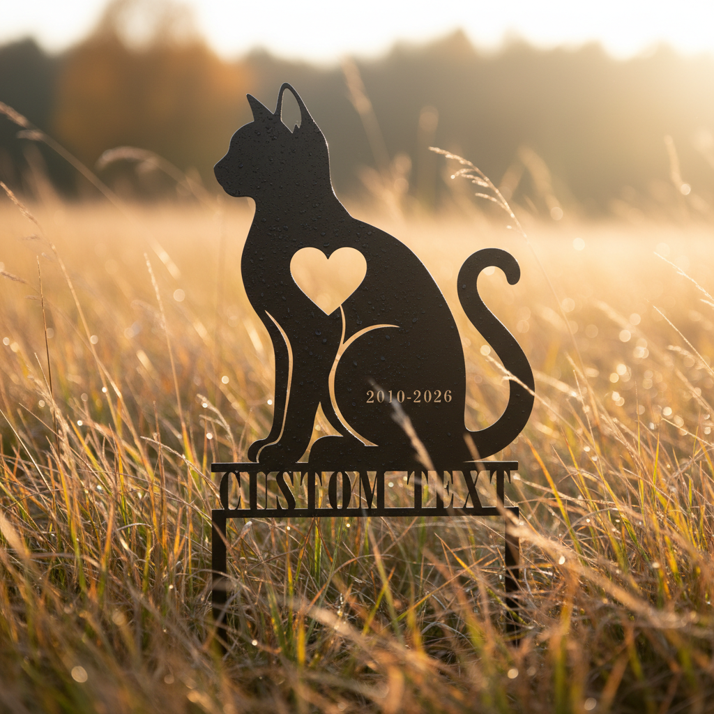 Personalized heart-shaped cat memorial garden stake with name in black steel – image 2