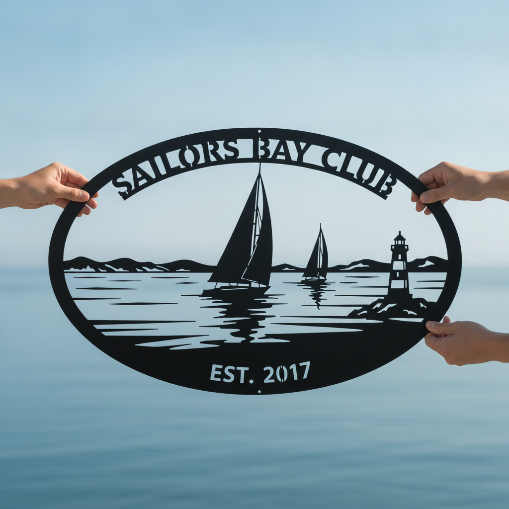 Personalized oval sailing club sign with sailboat and lighthouse in black steel – image 5