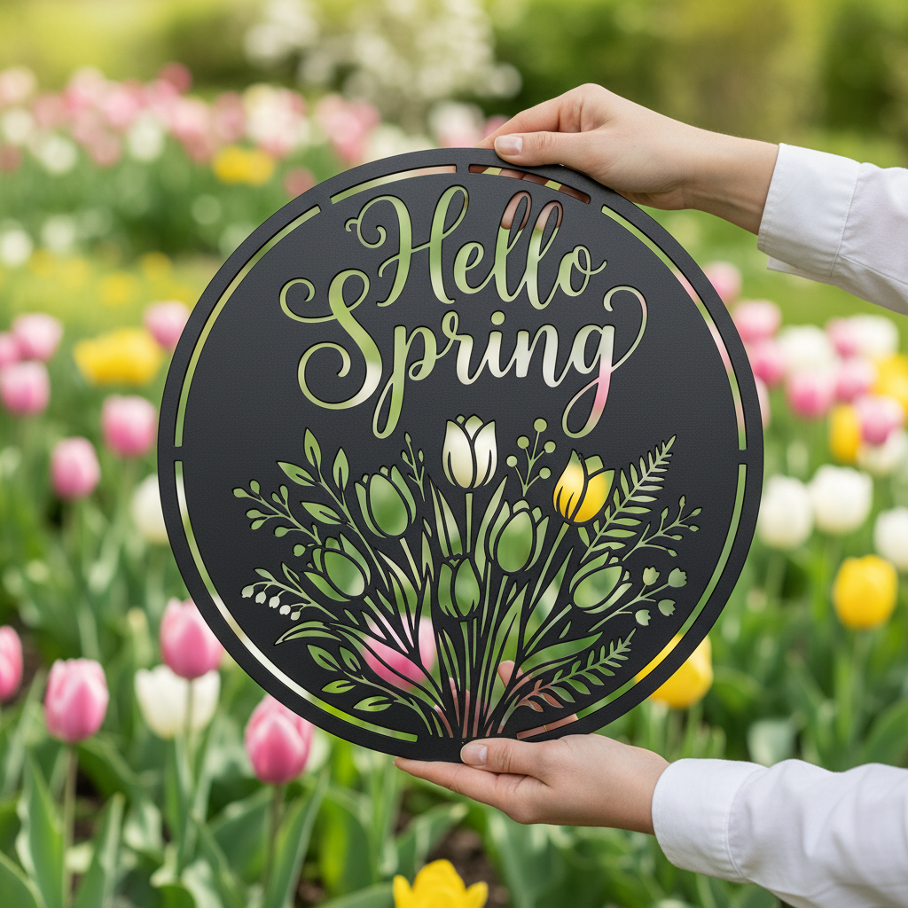 Rundes Metallschild Hello Spring mit Tulpenstrauß aus schwarzem Stahl – Bild 8