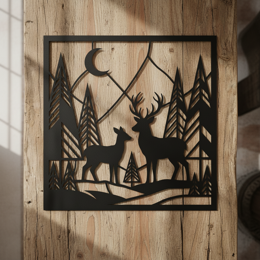 Personalized deer family name sign with forest and mountains in black steel – image 3