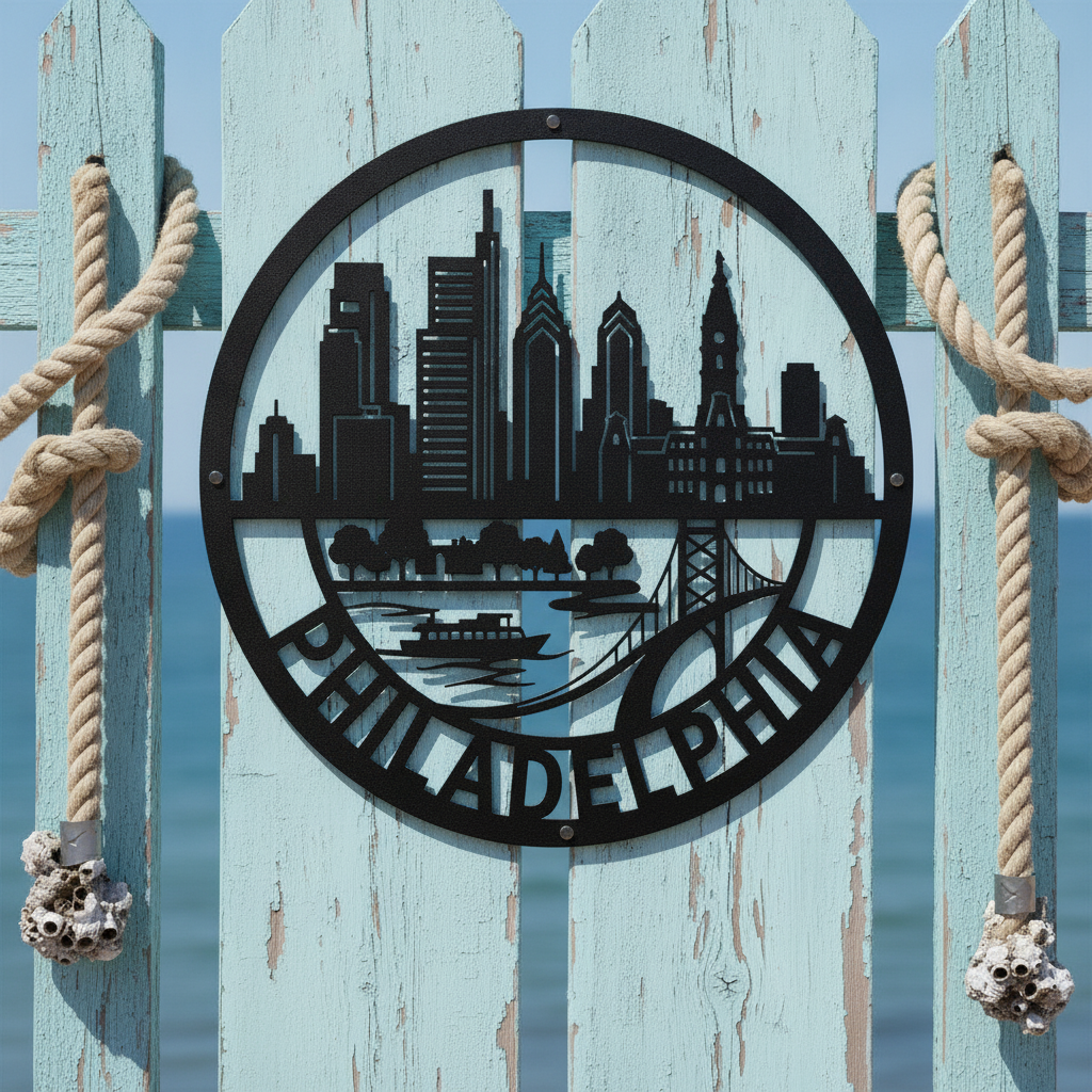 Round Philadelphia skyline metal sign with bridge in black steel – image 6