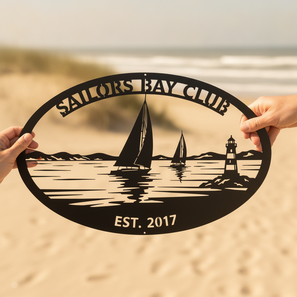 Personalized oval sailing club sign with sailboat and lighthouse in black steel – image 8