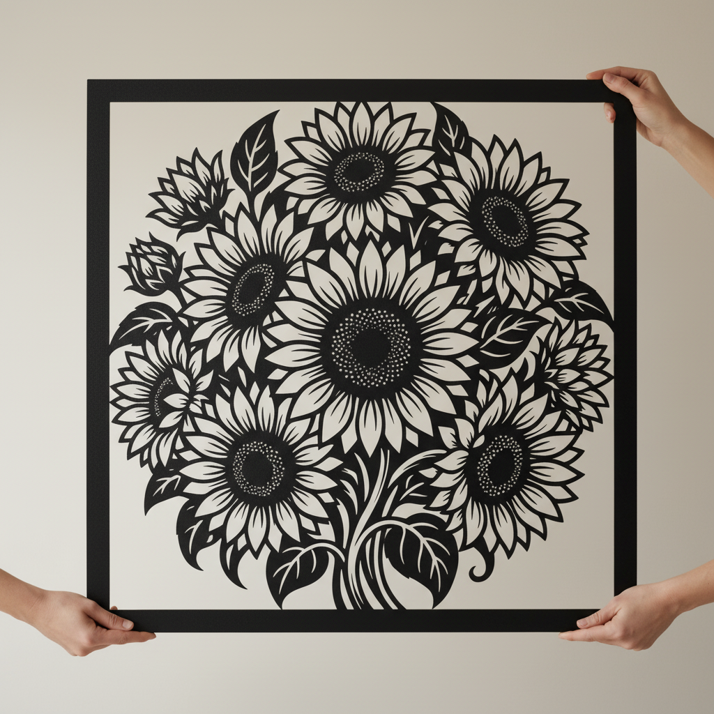 Quadratische Sonnenblumen Wanddeko aus Metall mit Sonnenblumenstrauß aus schwarzem Stahl – Bild 6
