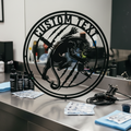 Personalized round tattoo studio sign with panther, tattoo machine and dagger in steel