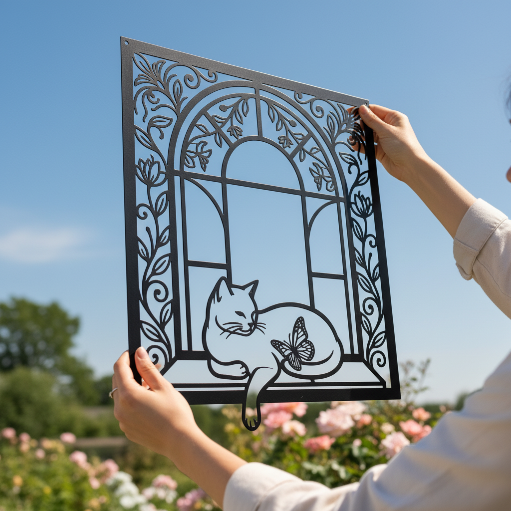 Katze im Bogenfenster Metallschild