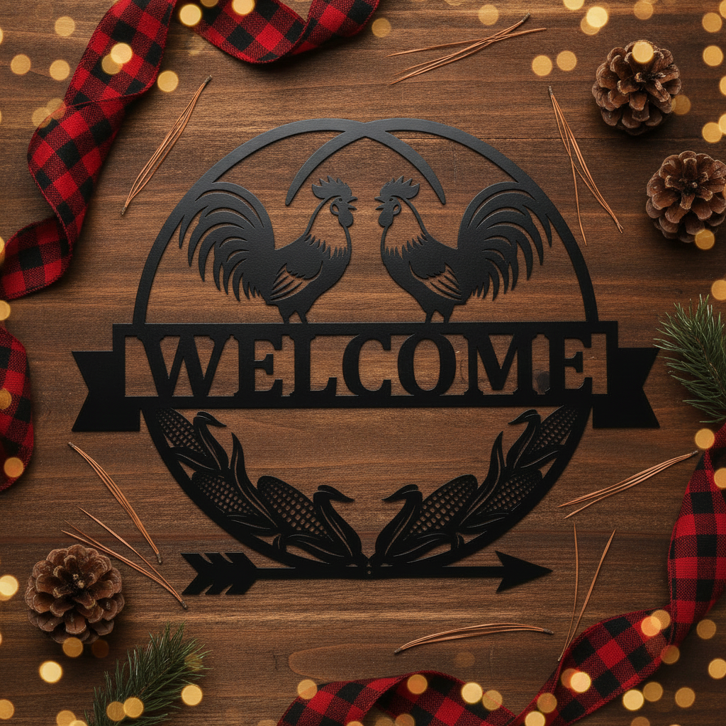 Round rooster welcome sign with corn cobs in black steel – image 9