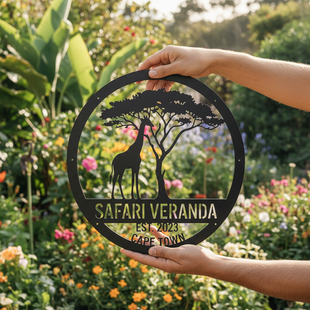 Personalisiertes rundes Safari Metallschild mit Giraffe, Akazie und Namen aus schwarzem Stahl – Bild 9