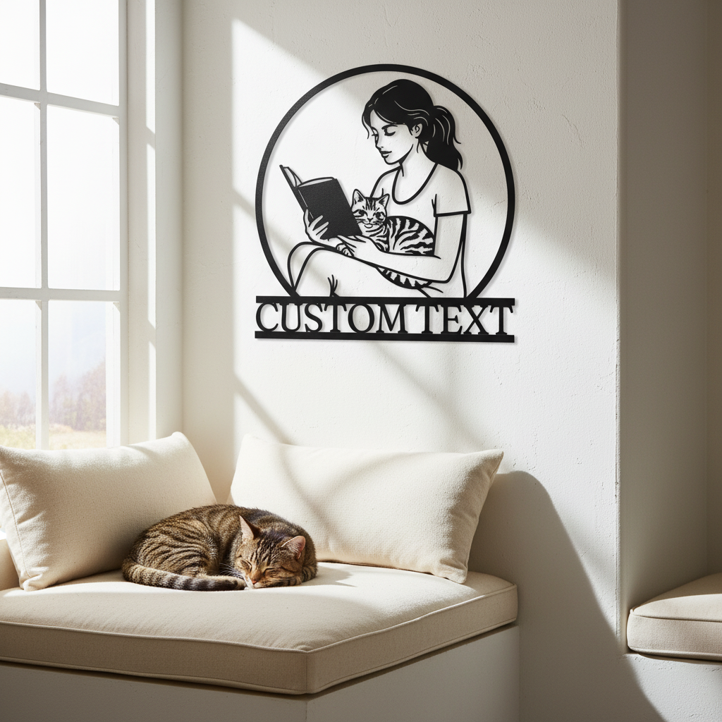Personalized reading cat metal sign with custom name in black steel