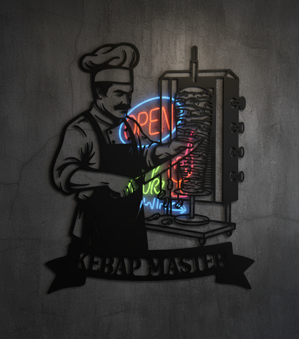 Döner Metallschild Kebap Master mit Koch und Dönerspieß aus schwarzem Stahl – Bild 10