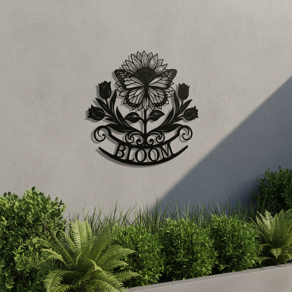 Bloom metal sign with sunflower, tulips and butterfly in black steel – image 6