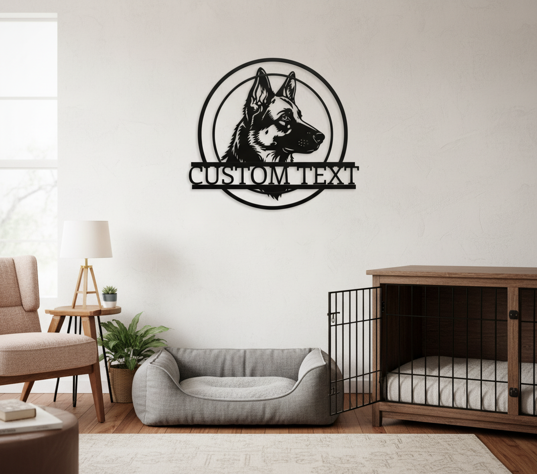 Personalized German Shepherd metal sign with dog name in black steel – image 3