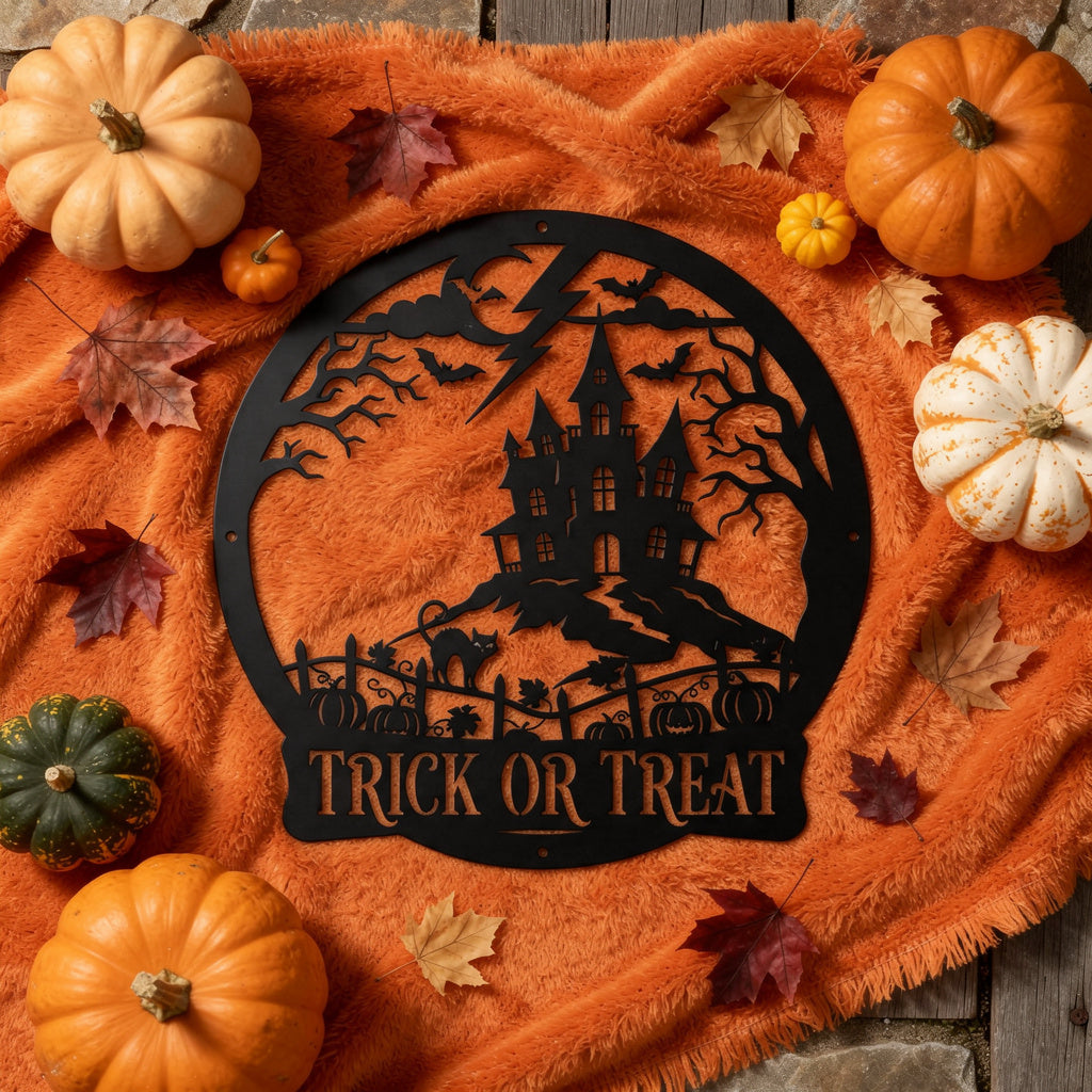 Halloween Spukhaus mit Fledermäusen Trick or Treat Metallschild rund – Bild 8