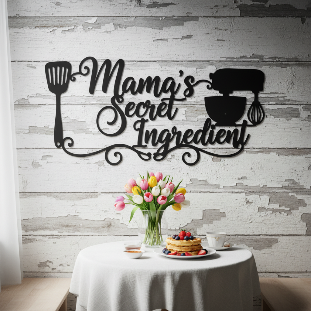 Küchenschild Mama’s Secret Ingredient mit Küchenmaschine aus schwarzem Stahl – Bild 7
