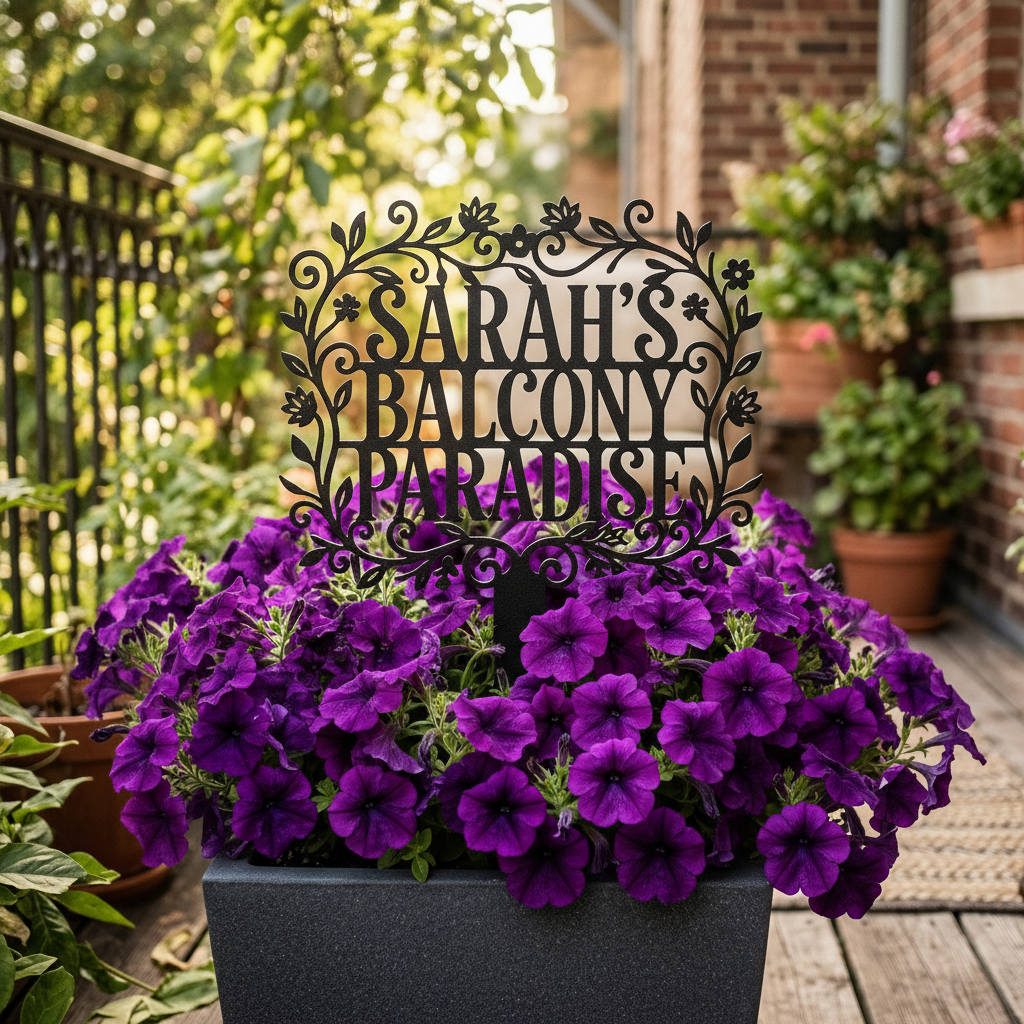 Personalisierter Gartenstecker Balcony Paradise mit Blumenrahmen und Namen aus schwarzem Stahl – Bild 9