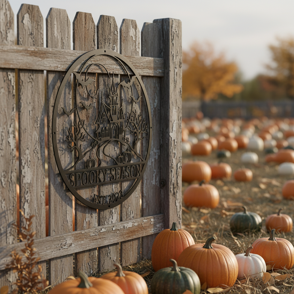 Personalisiertes Halloween Schild mit Spukhaus und Spooky Season aus schwarzem Stahl – Bild 8