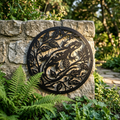 Round gecko in leaf wreath metal wall art in black steel