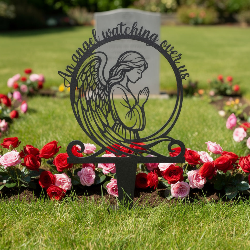 Praying angel memorial stake with An Angel Watching Over Us in black steel – image 7