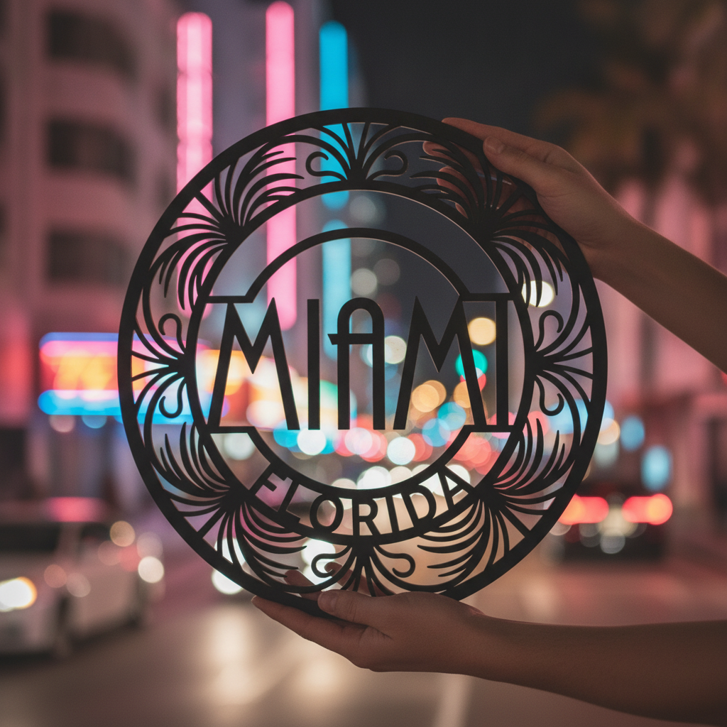 Round Miami metal sign with Art Deco buildings and palm trees in black steel – image 2