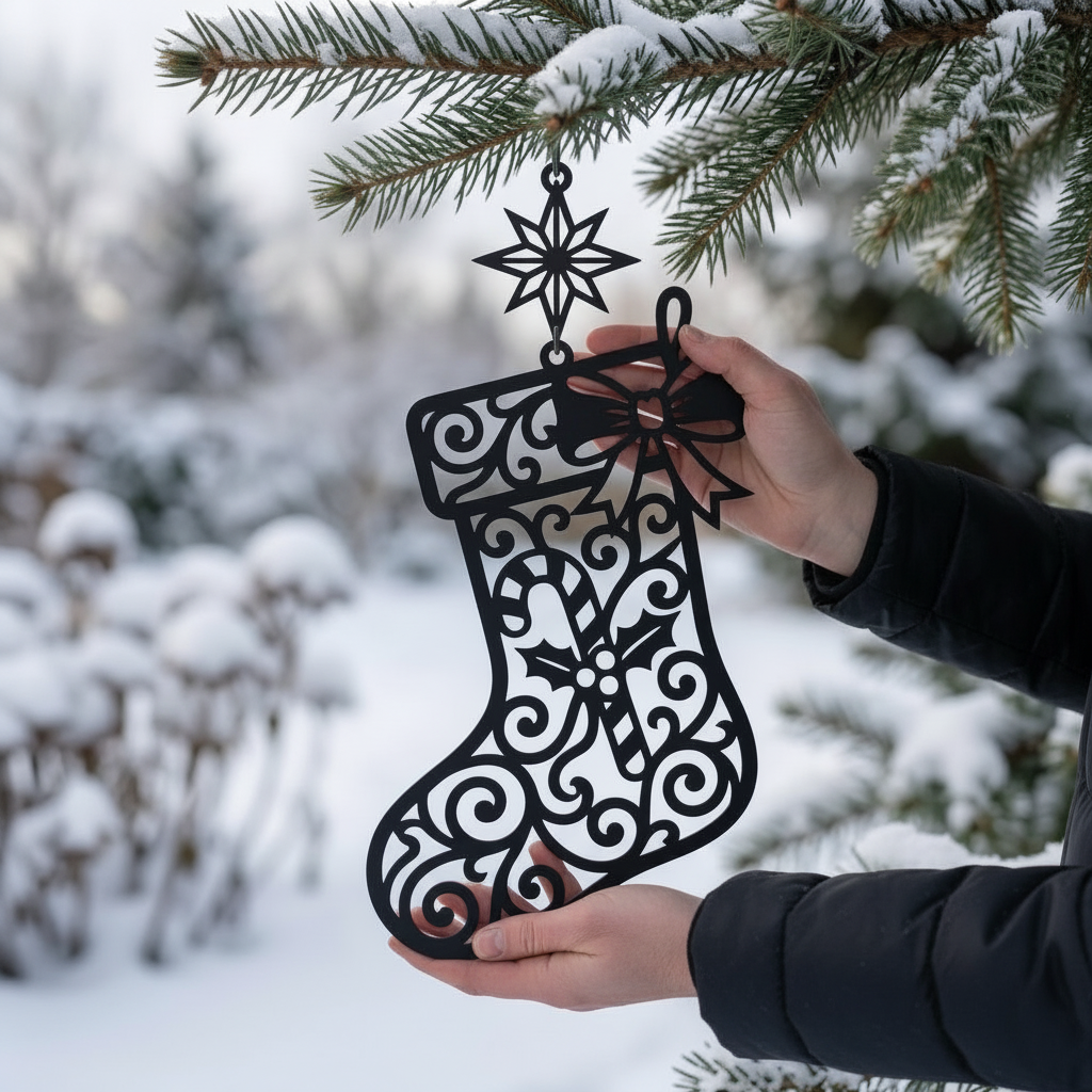 Christmas stocking metal sign with candy cane and star in black steel – image 5