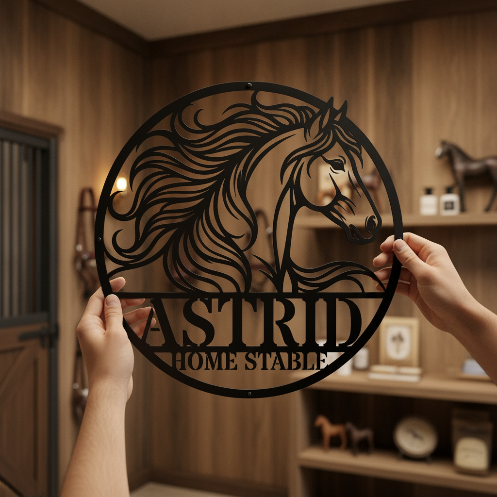 Personalized horse head stall sign with horse name in black steel – image 3