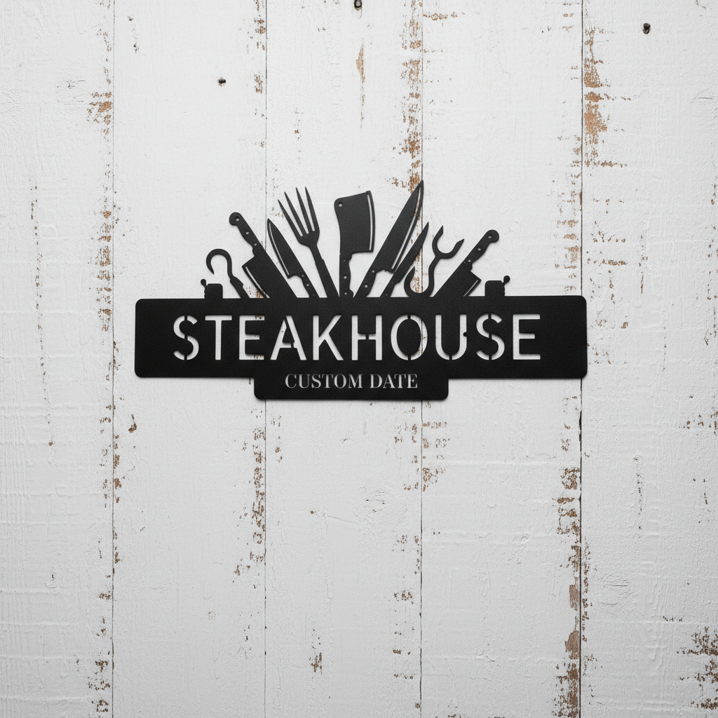 Personalized steakhouse metal sign with crossed knives, cleaver and name in black steel – image 6