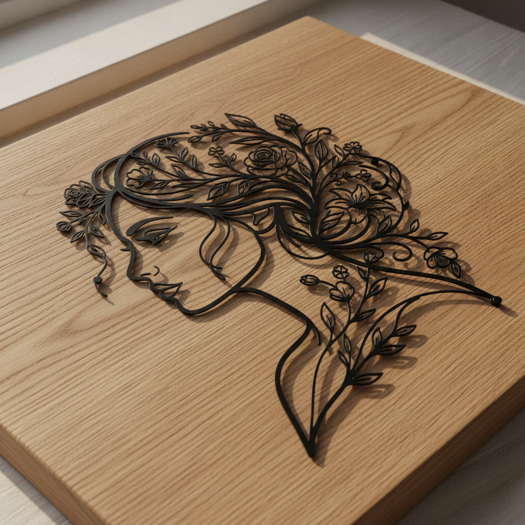 Personalized metal sign of a woman with flowers in her hair in black steel – image 10