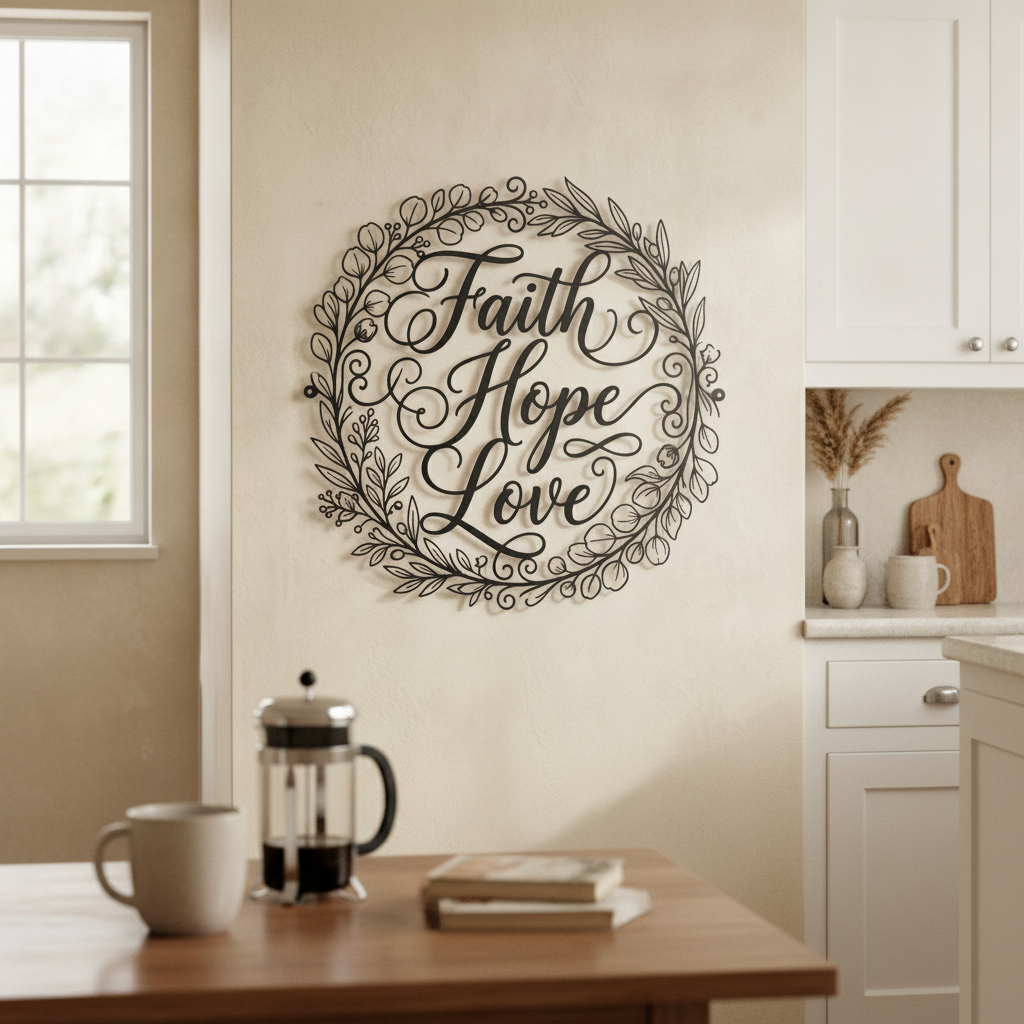 Round Faith Hope Love metal sign with delicate wreath in black steel – image 9