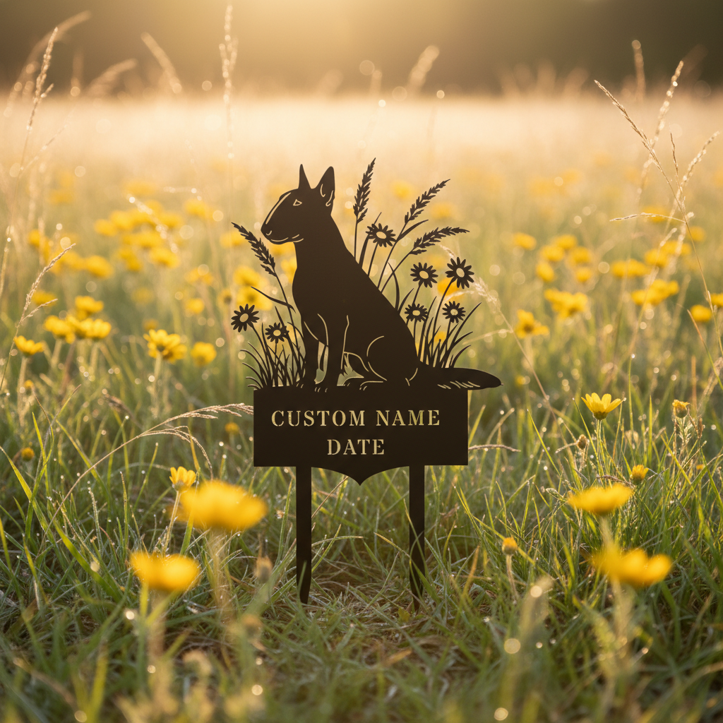 Personalized Bull Terrier memorial garden stake with dog name and dates in black steel – image 8