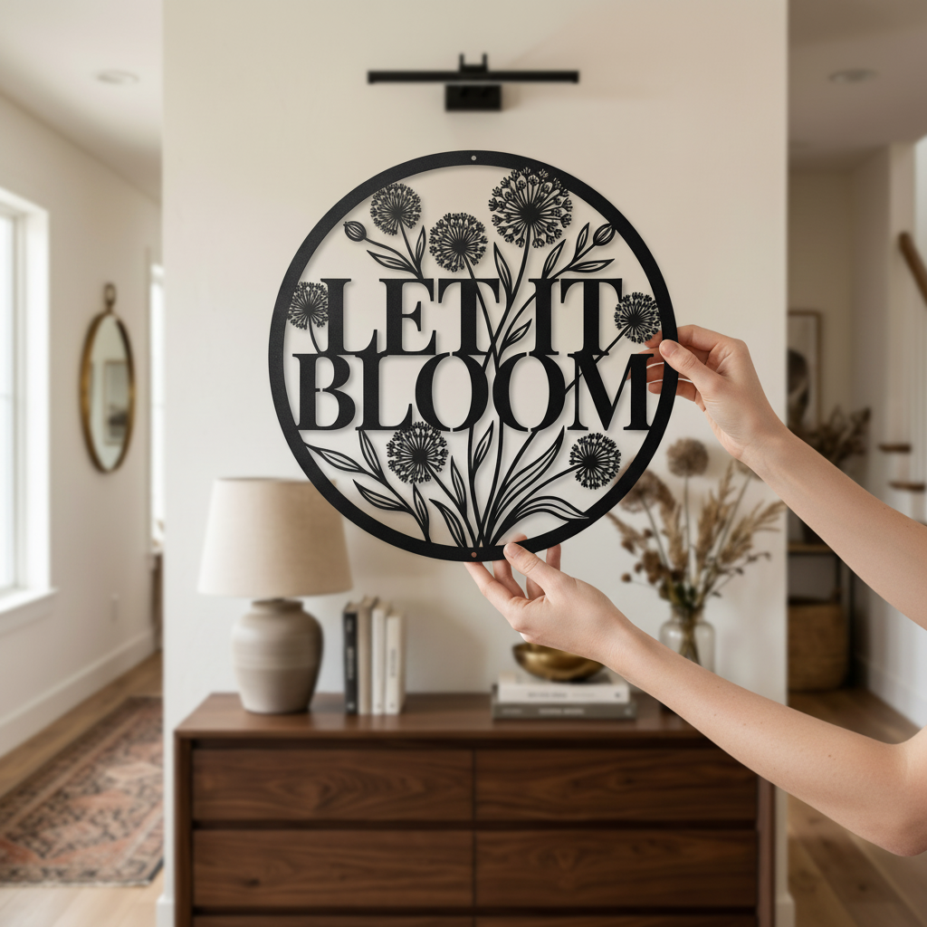 Personalized round dandelion metal sign with Let it Bloom and name in steel – image 8