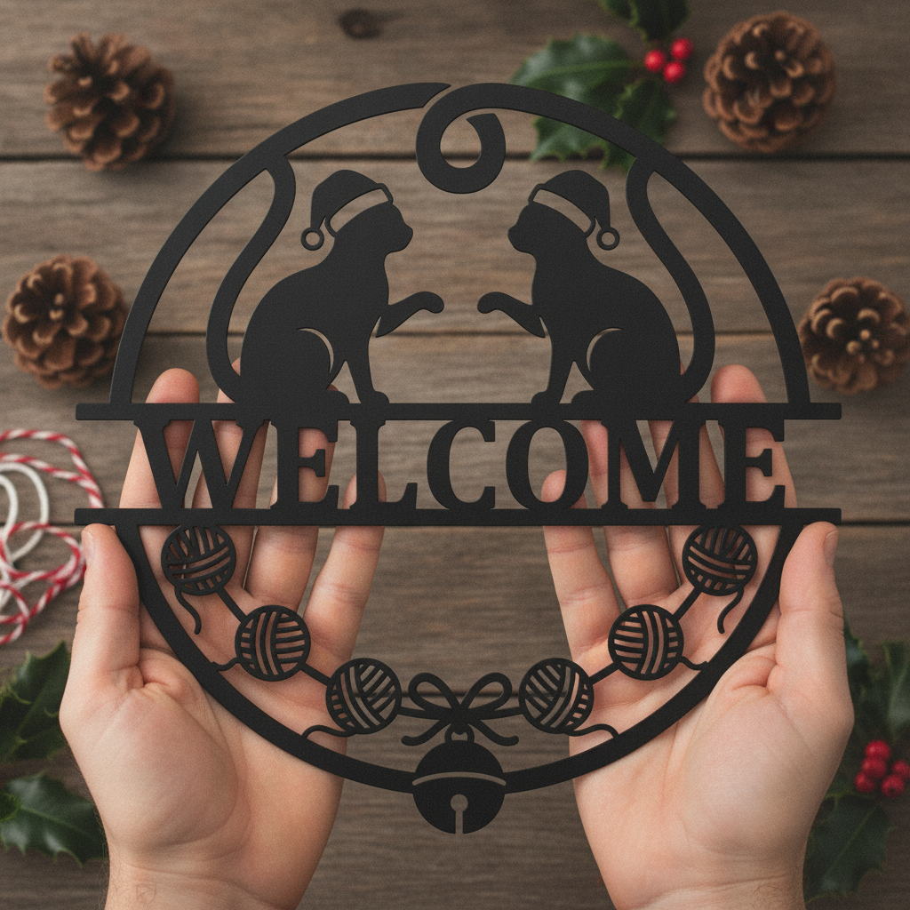 Personalisiertes Weihnachtskatze Willkommensschild mit Namen aus schwarzem Stahl – Bild 7