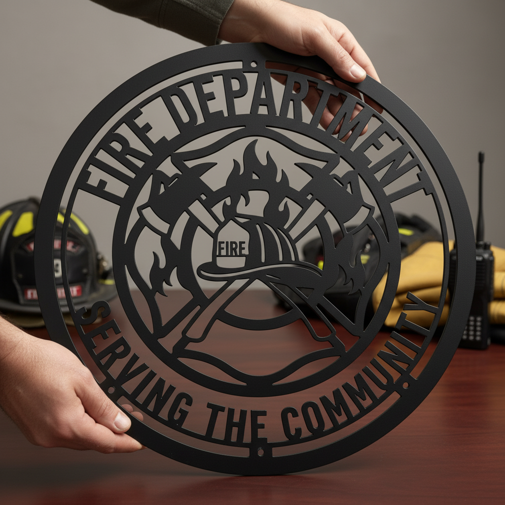Personalized firefighter metal sign with fireman in helmet and gear in black steel – image 10
