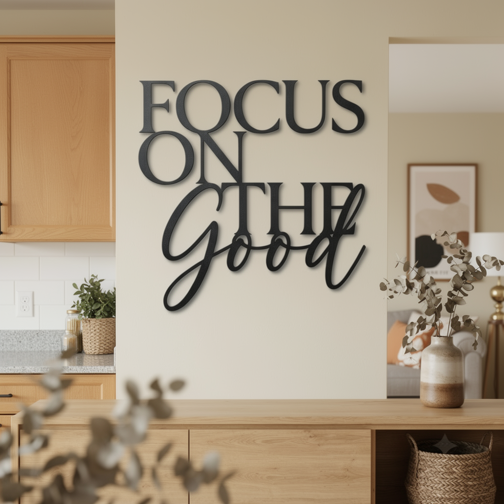 Focus on the good metal word sign in black steel as inspirational wall art – image 6