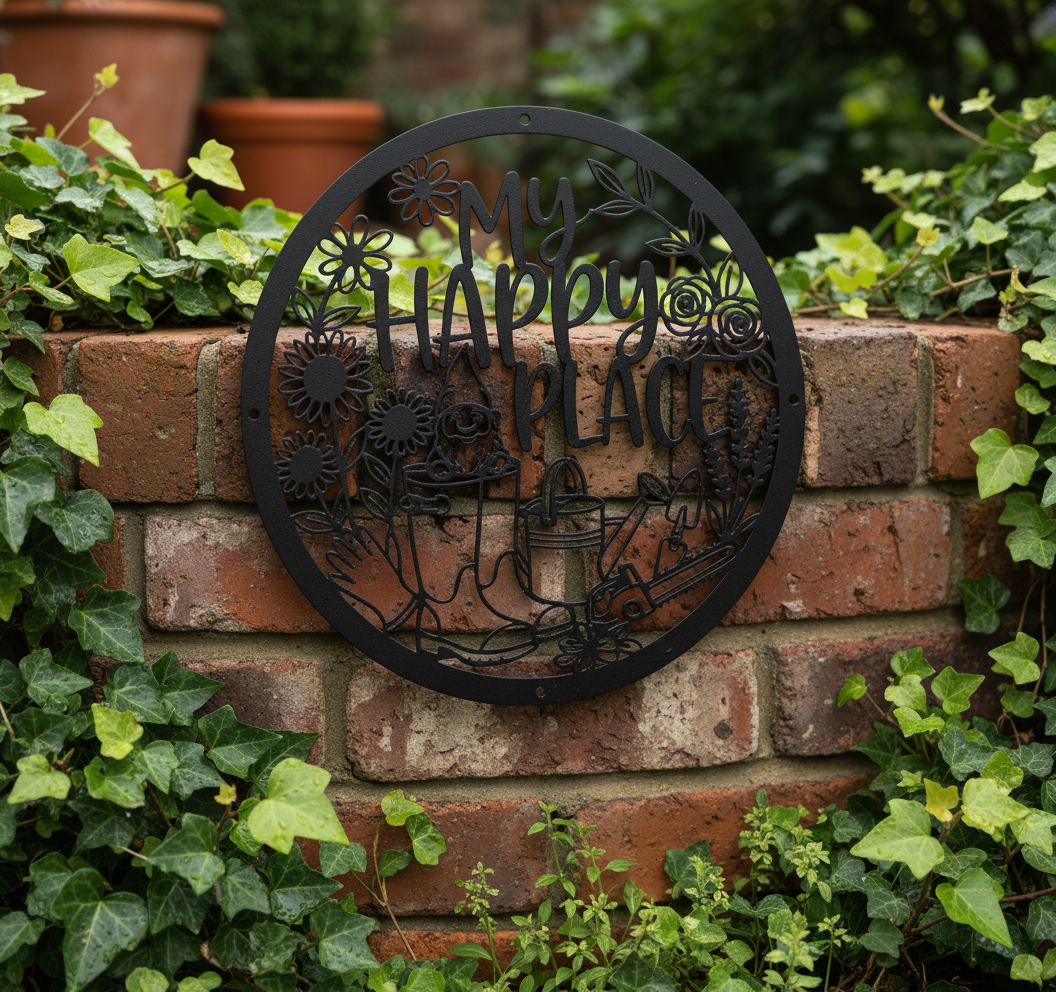 Round My Happy Place garden gnome sign with flowers in black steel – image 7