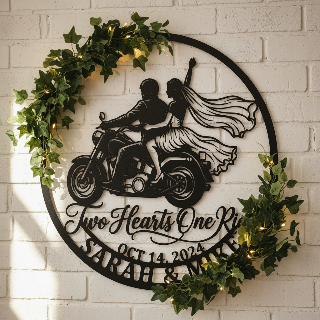 Personalized Just Married motorcycle wedding metal sign with names and date – image 10