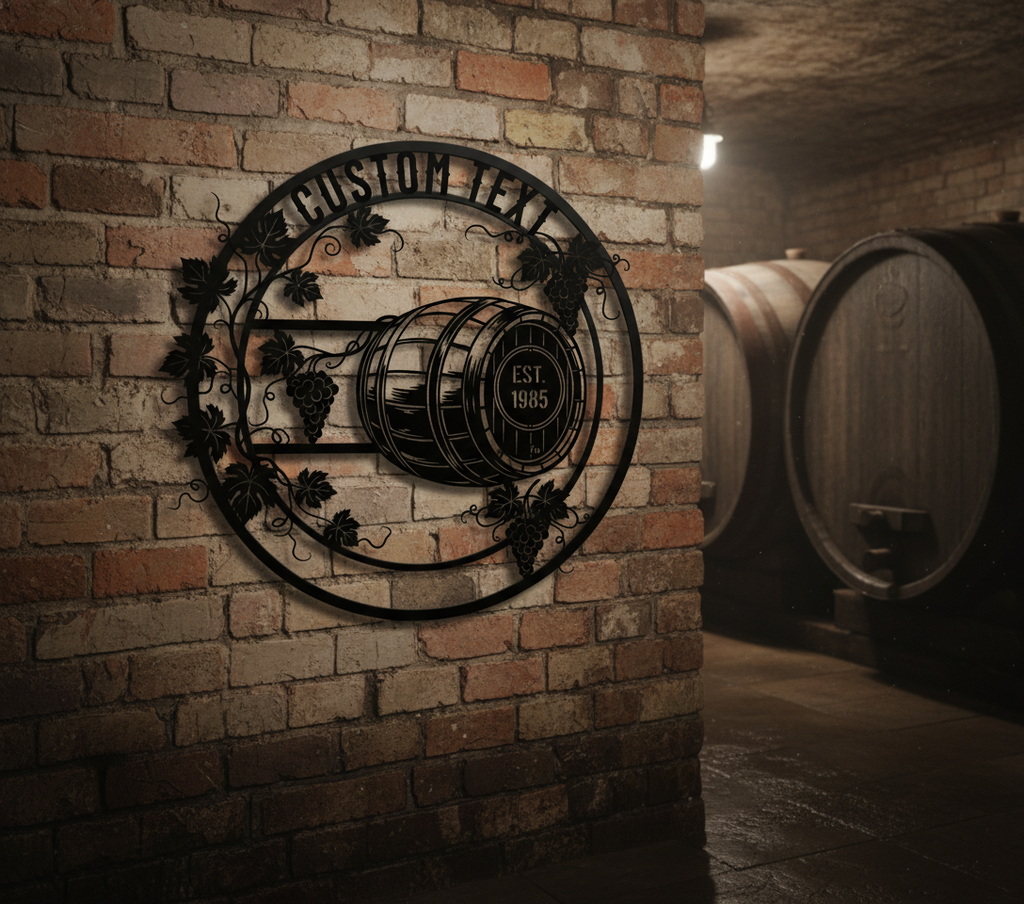 Personalized round wine barrel metal sign with grapevines, name and year – image 2