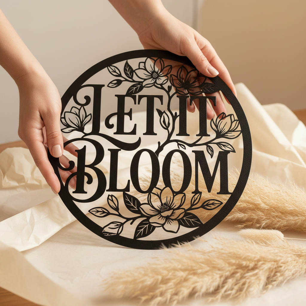 Personalisiertes rundes Gartenschild Let it Bloom mit Blumenkranz und Namen – Bild 6