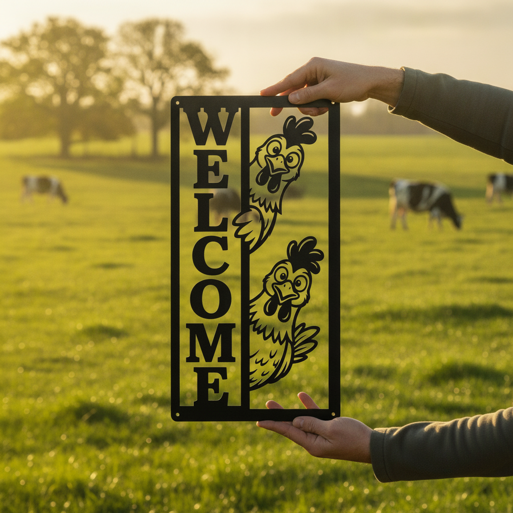 Vertical welcome sign with a peeking chicken in black steel – image 7