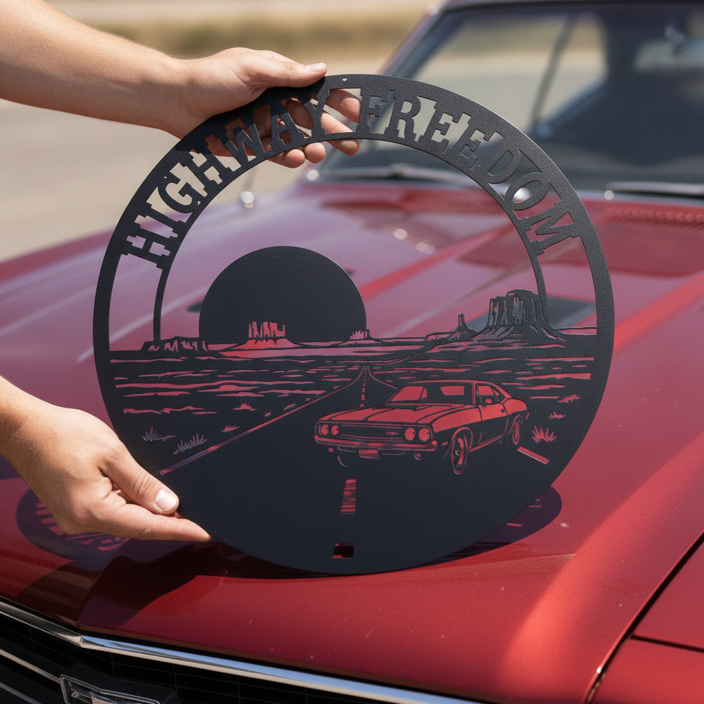 Rundes Route 66 Metallschild „Highway Freedom“ mit Muscle Car aus schwarzem Stahl – Bild 7