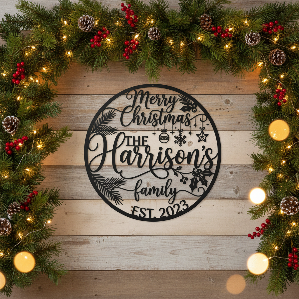 Personalisiertes Familienschild Merry Christmas mit Familienname aus schwarzem Stahl – Bild 5