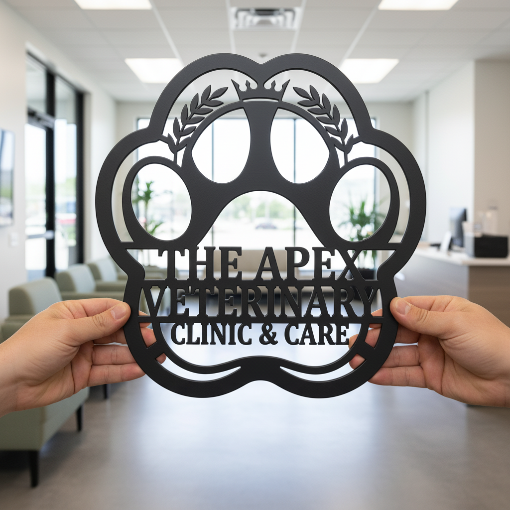 Personalized veterinary clinic metal sign with paw print in black steel – image 3