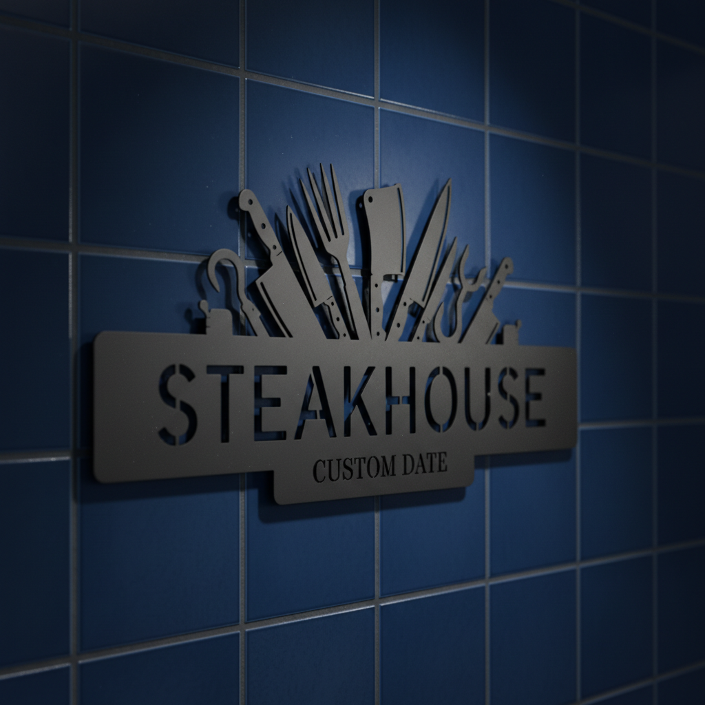 Personalized steakhouse metal sign with crossed knives, cleaver and name in black steel – image 8