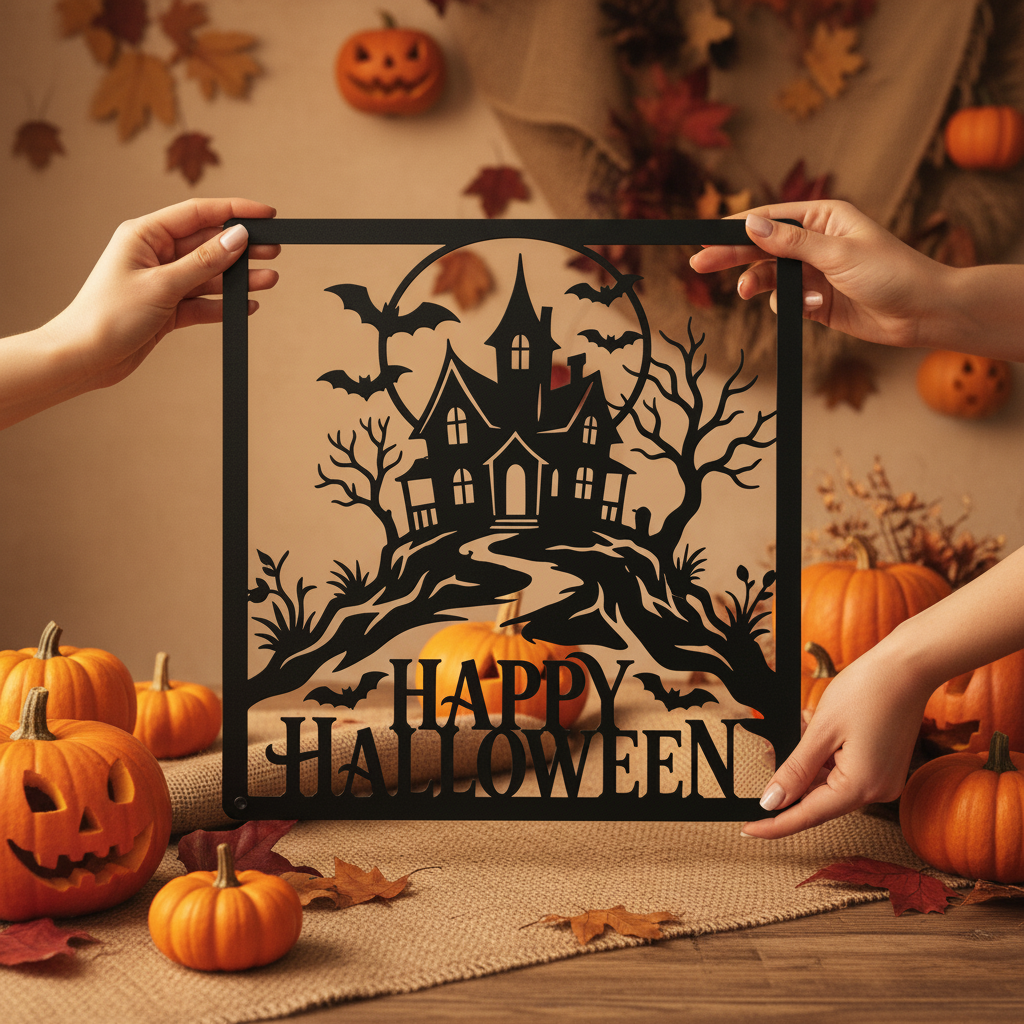Happy Halloween Spukhaus mit Fledermäusen Metallschild quadratisch – Bild 3