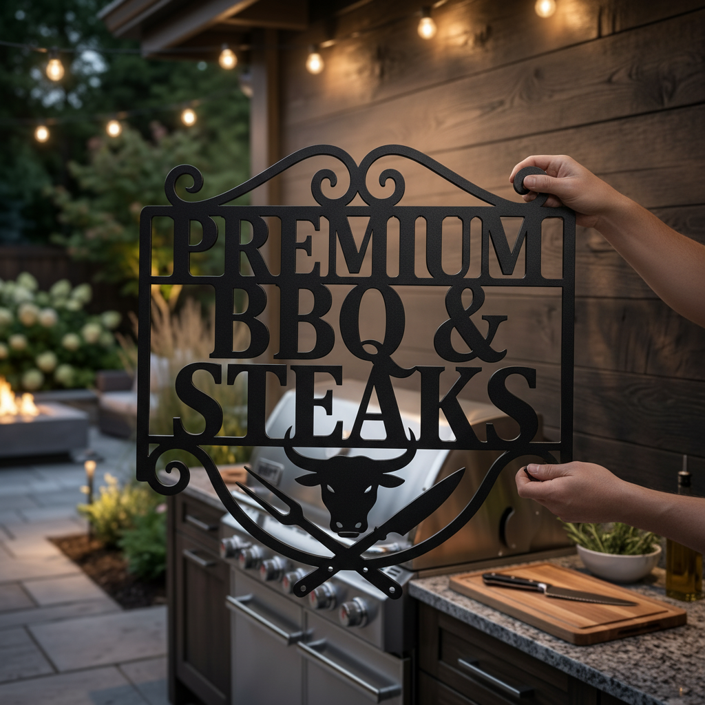 Personalized BBQ metal sign with bull head and name in black steel – image 10