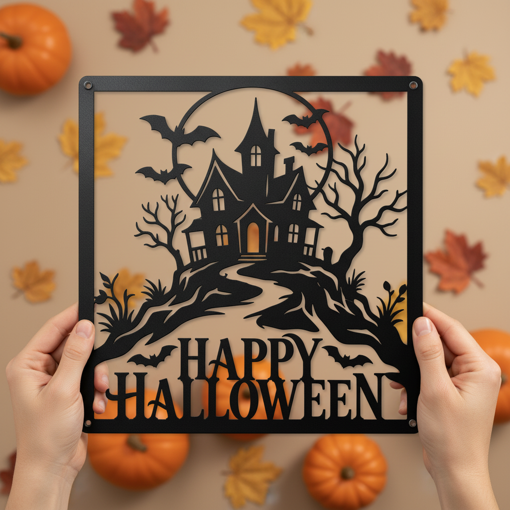 Quadratisches Halloween Metallschild mit Spukhaus, Vollmond und Fledermäusen – Bild 8