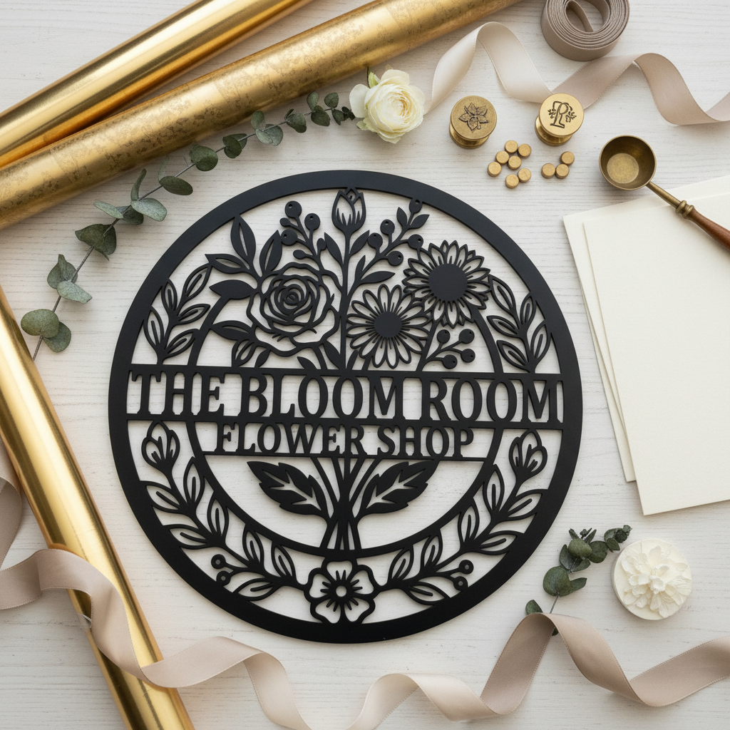 Personalized round flower shop metal sign with flowers and vines in black steel – image 10