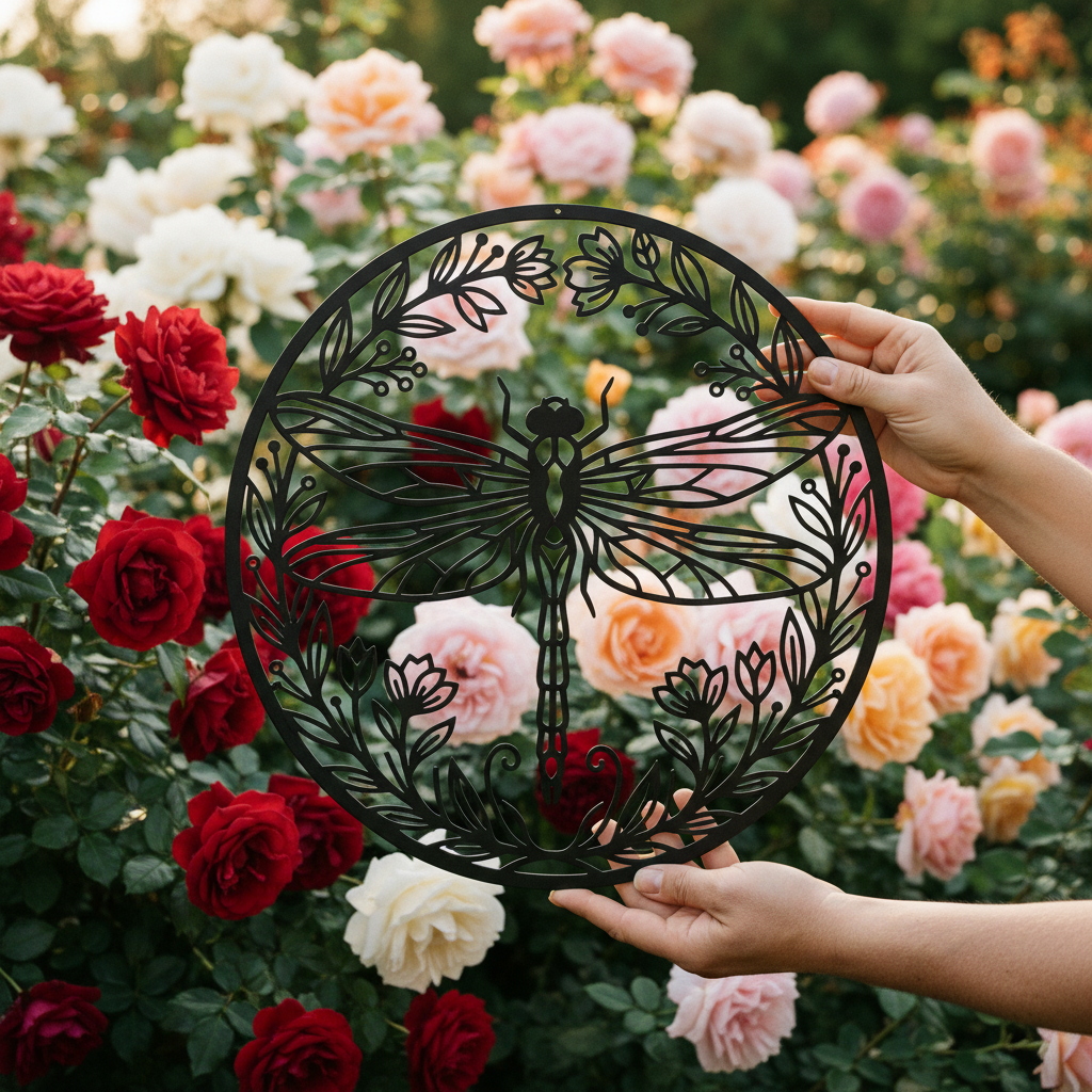 Rundes Libelle Metallschild im Blumenkranz aus schwarzem Stahl – Bild 6