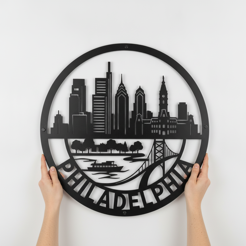 Round Philadelphia skyline metal sign with bridge in black steel – image 8