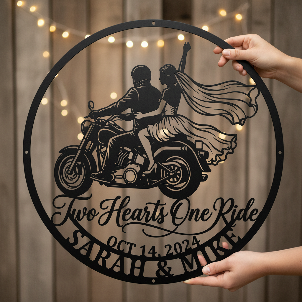 Personalized Just Married motorcycle wedding metal sign with names and date – image 9