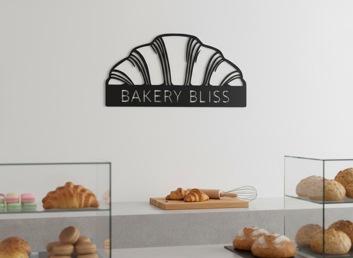Personalized bakery and café metal sign with croissant and name in black steel – image 7